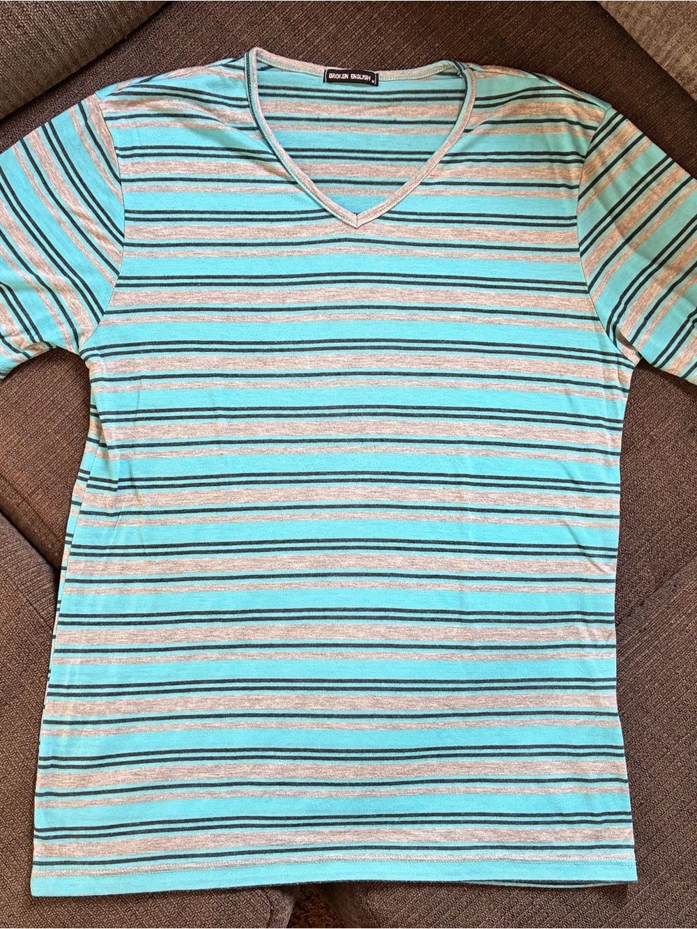 Men's Teal & Gray Striped V-Neck Short Sleeve Tee